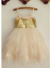  Champagne Sequin Tulle Thin Straps Knee Length Flower Girl Dress